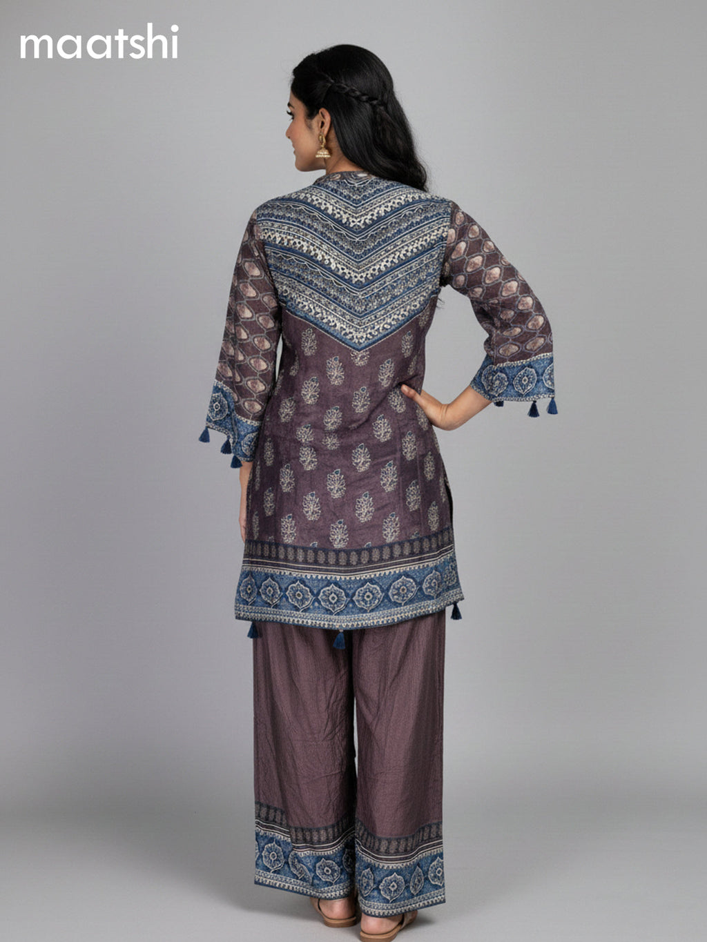 Brown and Blue Crepe Silk Ajrakh Printed Kurti Set