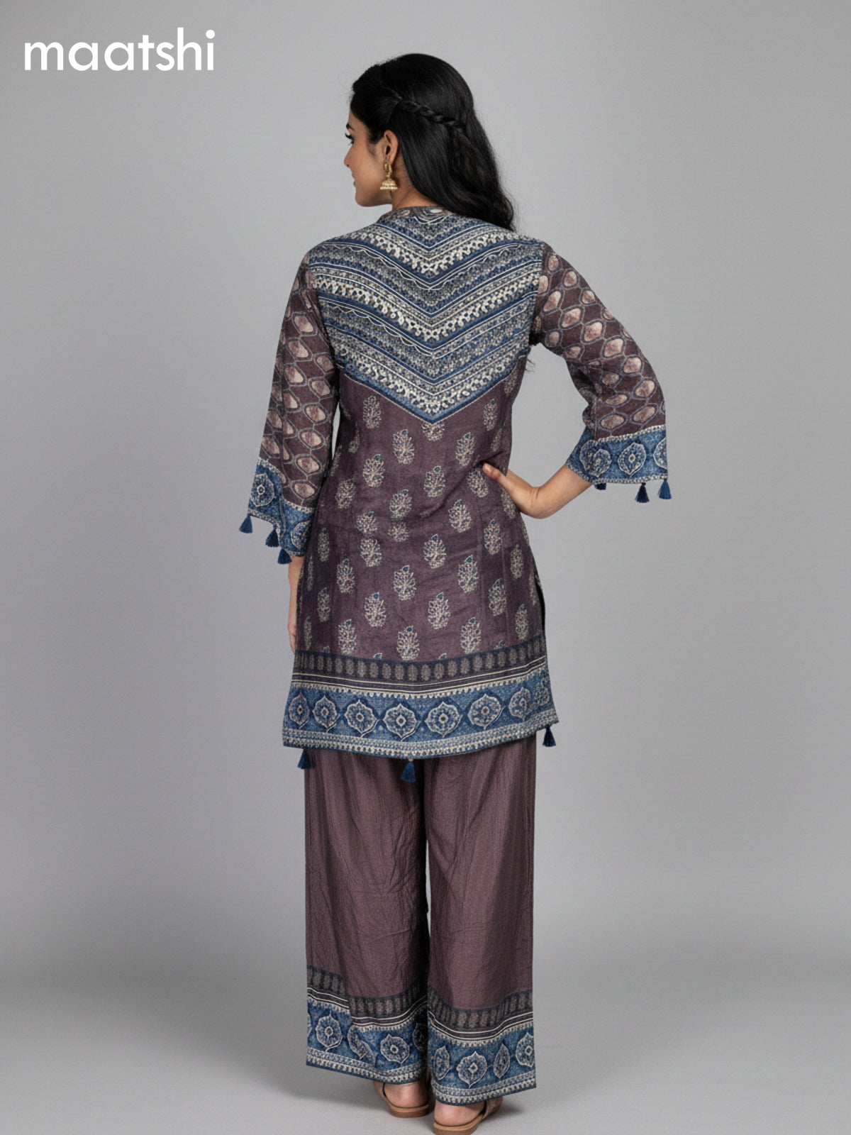 Brown and Blue Crepe Silk Ajrakh Printed Kurti Set