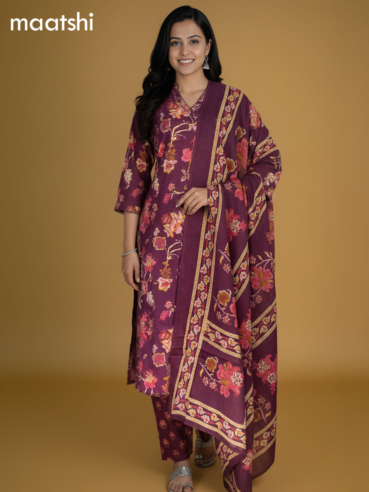 Wine Shade Cotton Kalamkari Printed Straight Suit