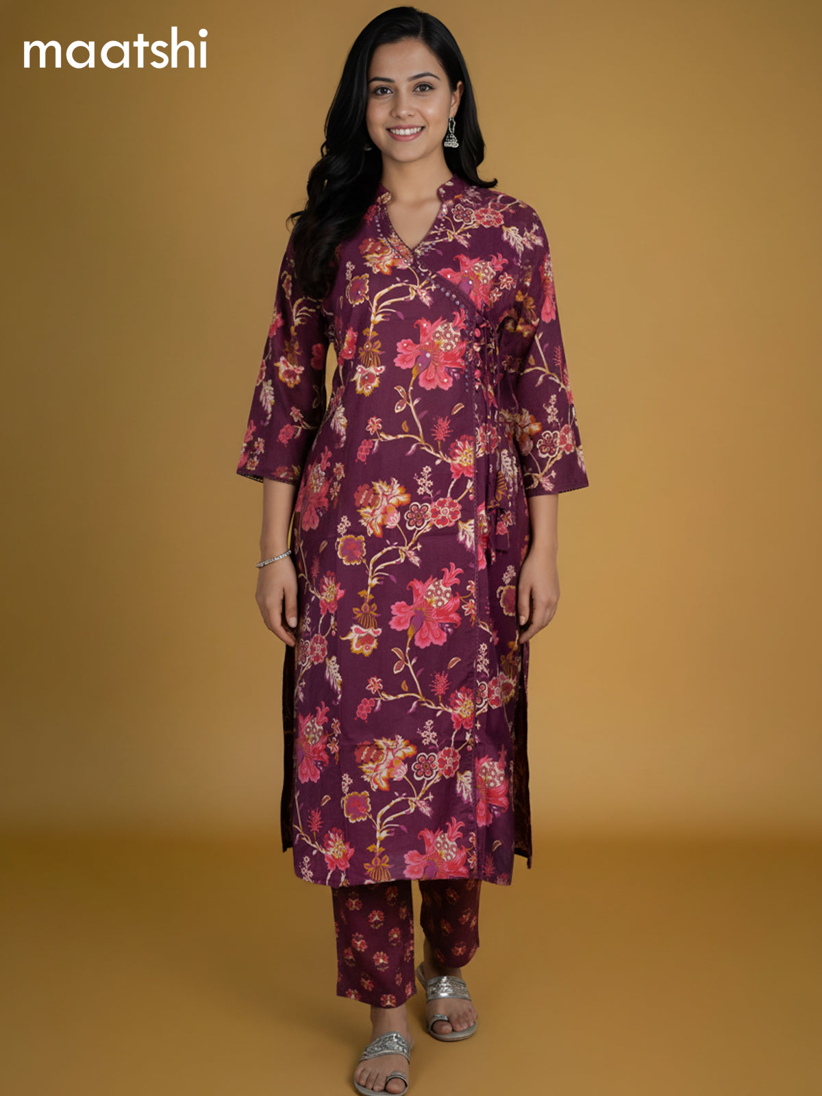 Wine Shade Cotton Kalamkari Printed Straight Suit