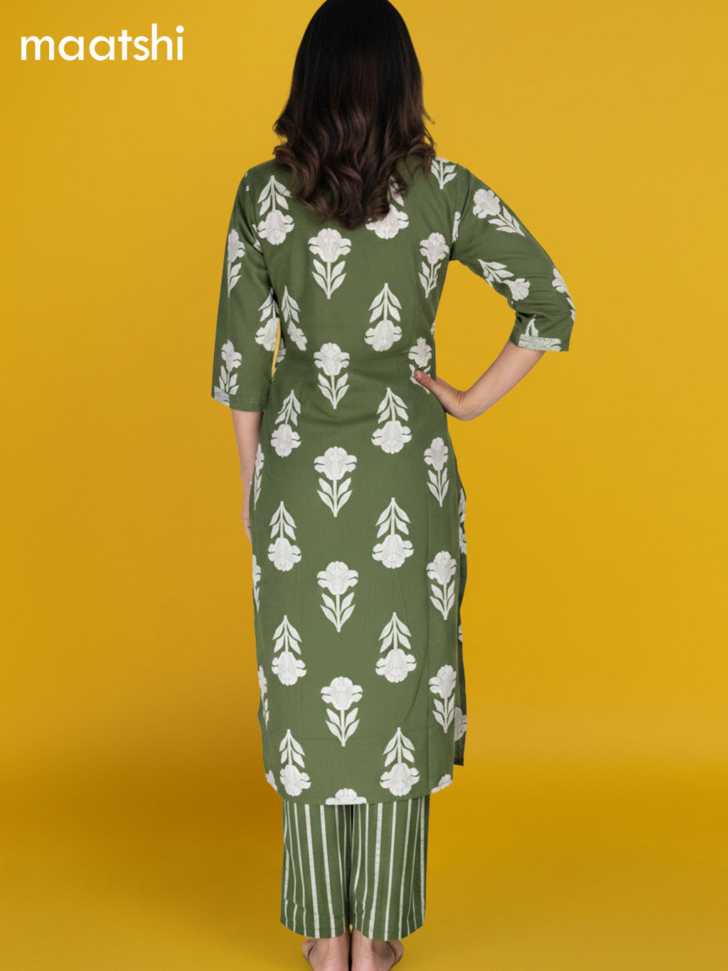 Green Cotton Printed Straight Suit
