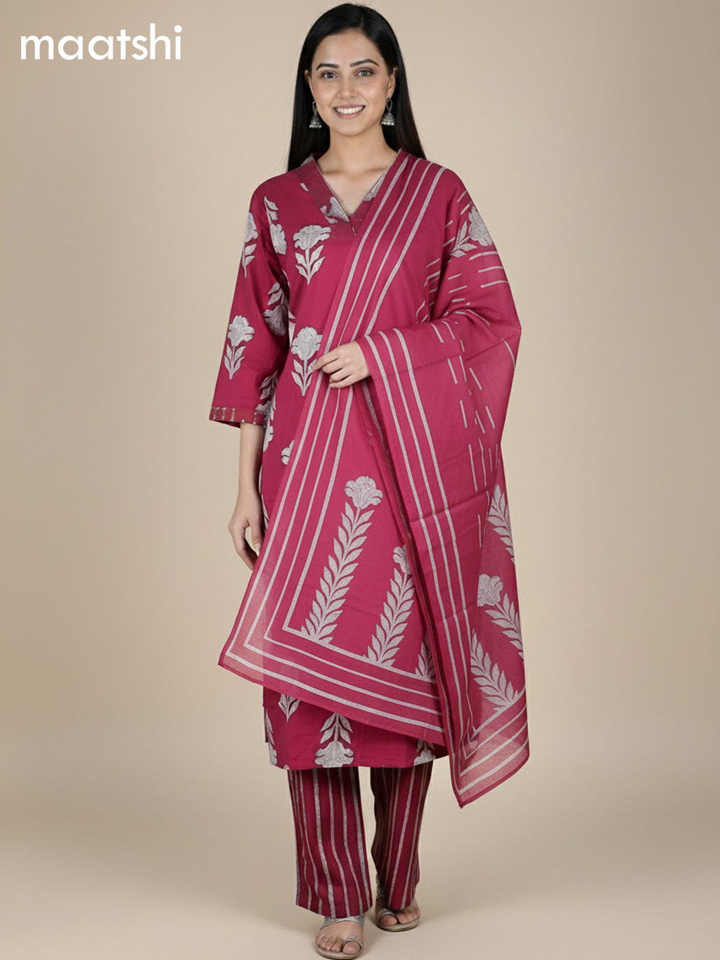 Pink Cotton Printed Straight Suit