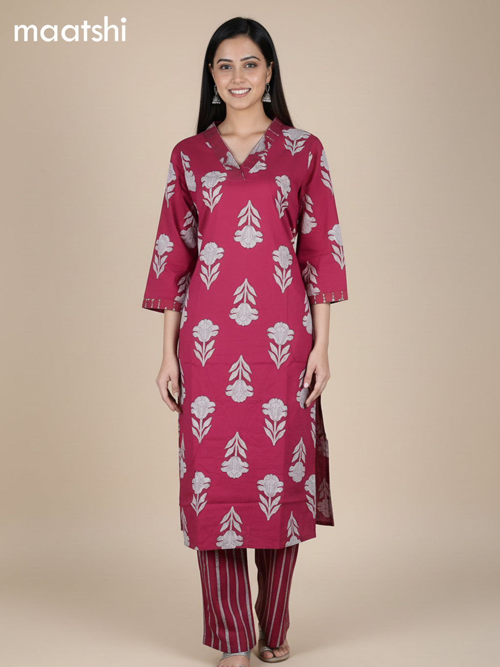 Pink Cotton Printed Straight Suit