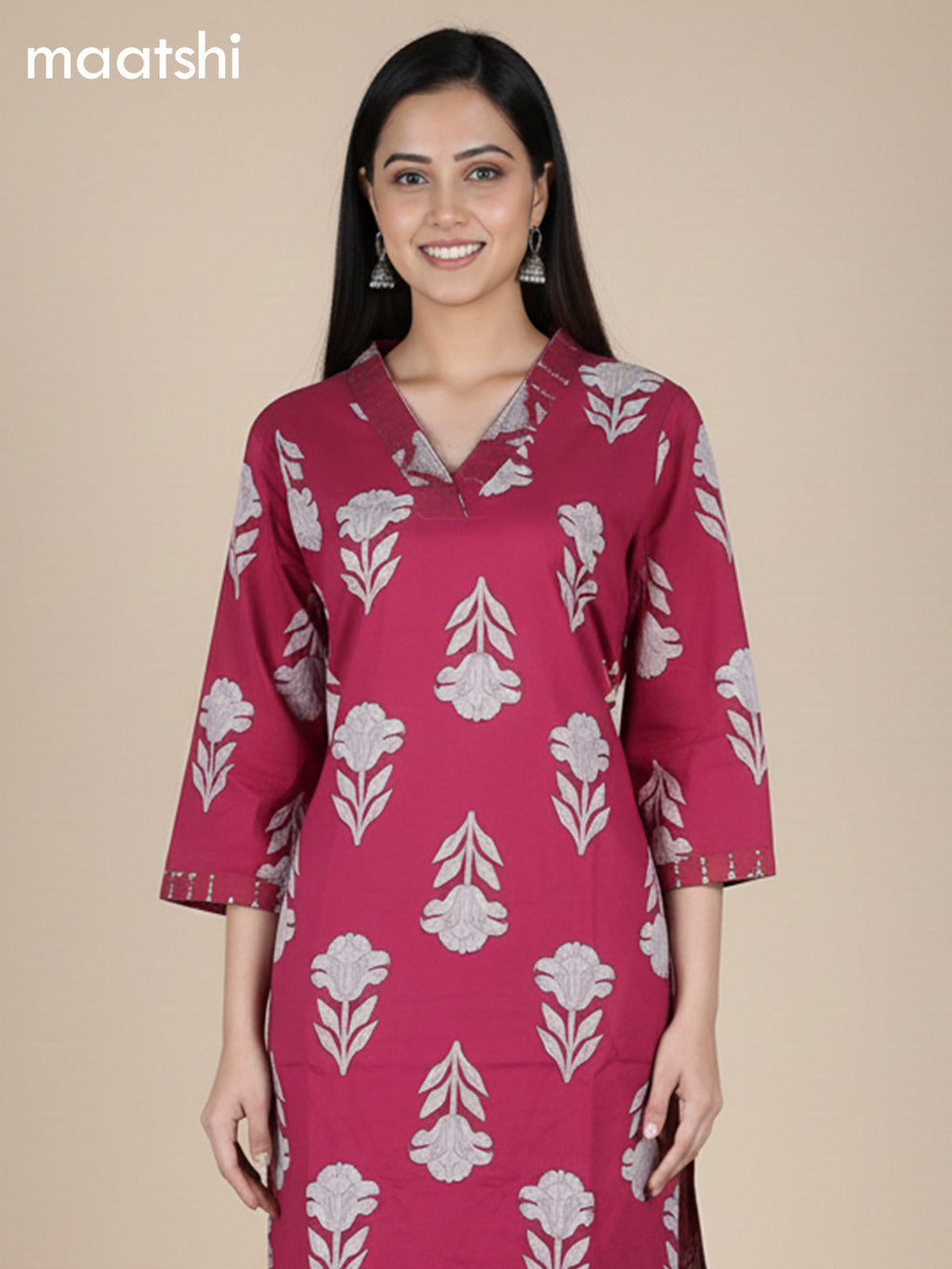 Pink Cotton Printed Straight Suit