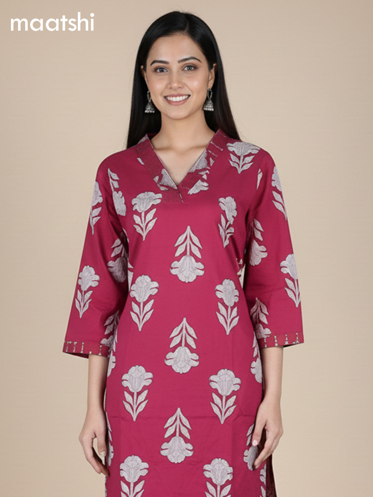 Pink Cotton Printed Straight Suit