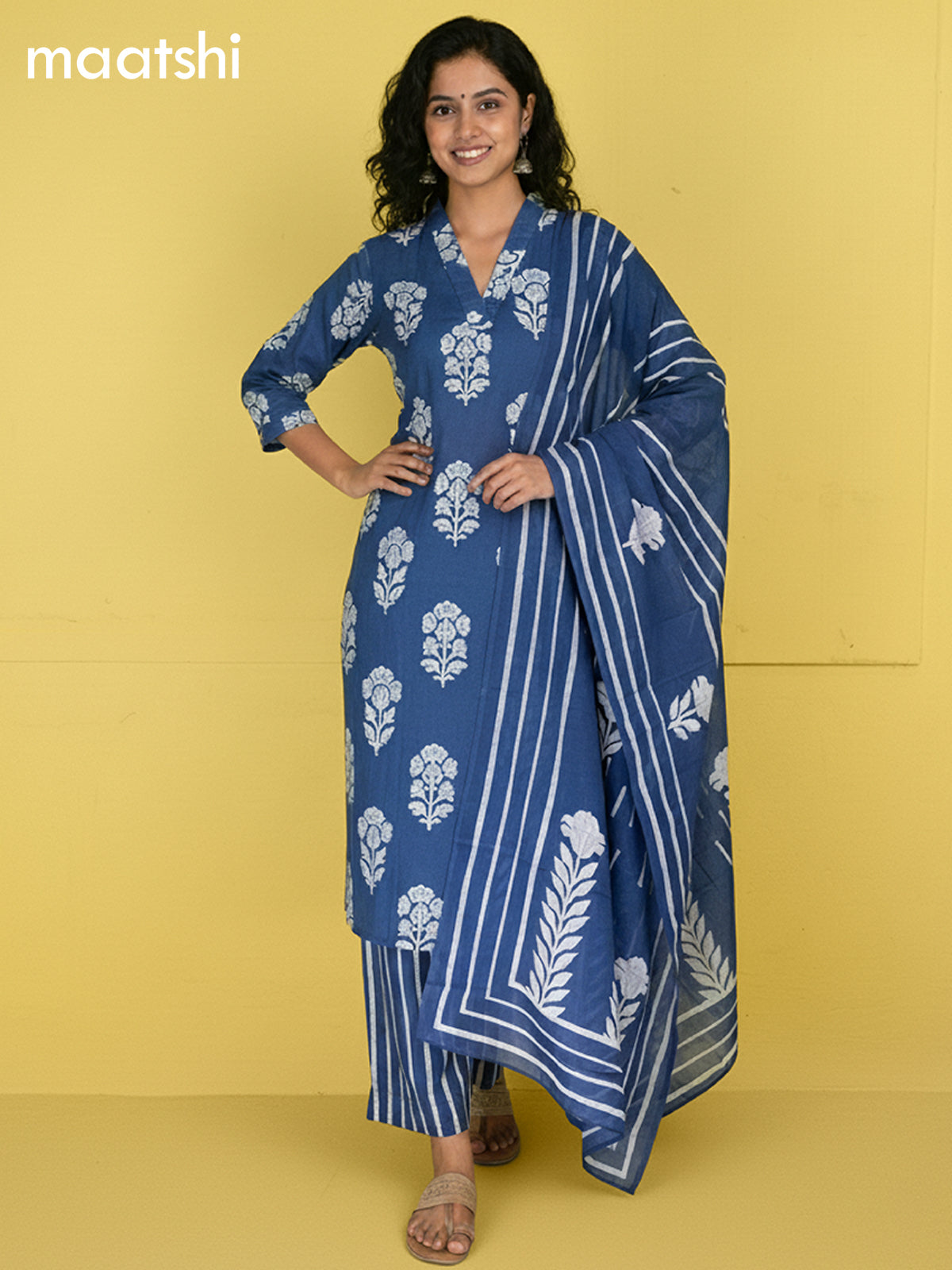 Blue Cotton Printed Straight Suit