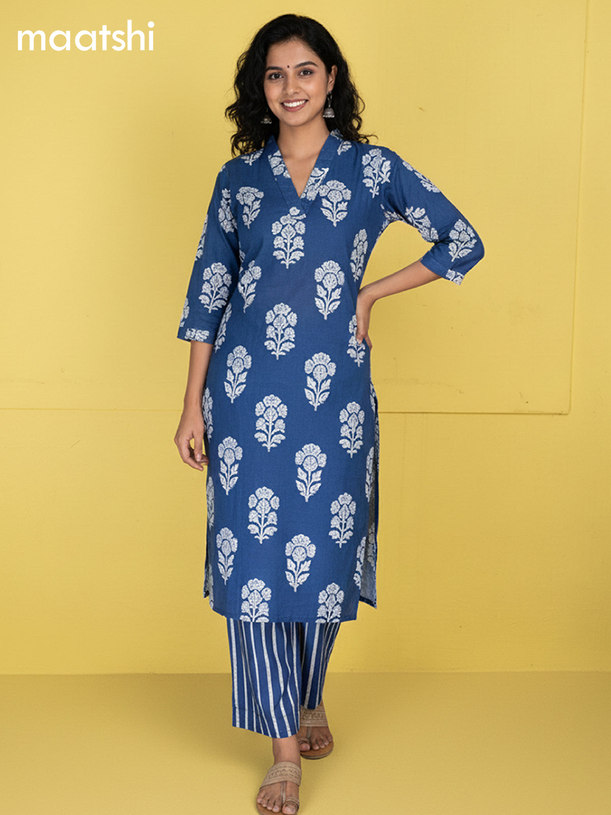 Blue Cotton Printed Straight Suit