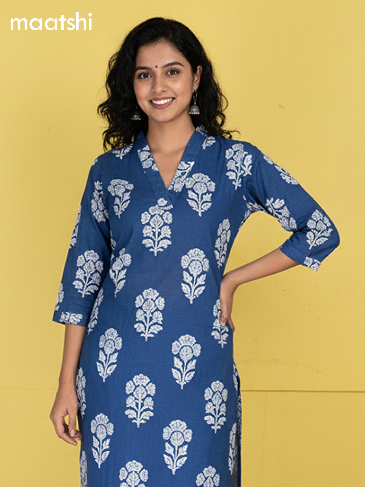 Blue Cotton Printed Straight Suit