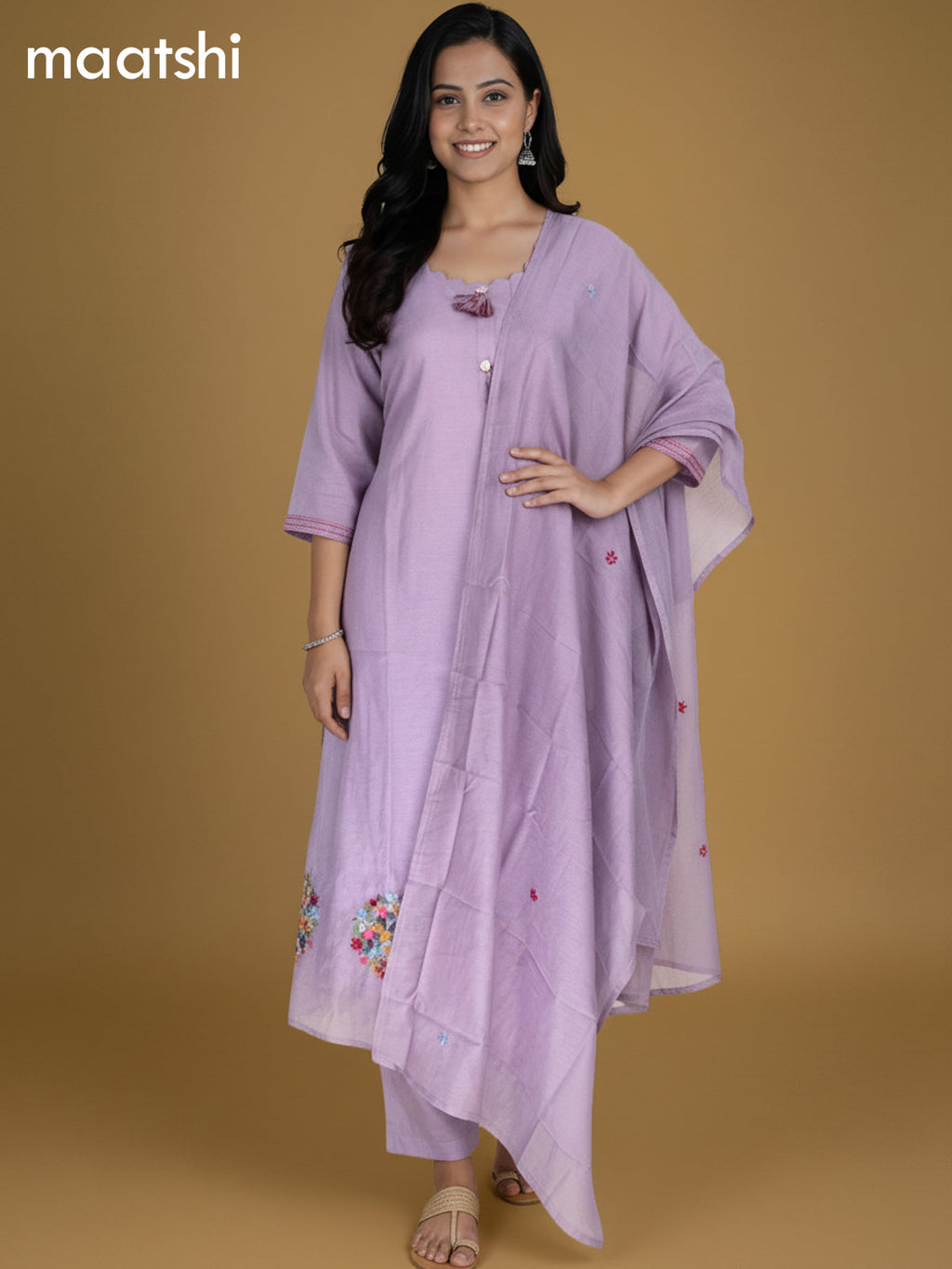 Pastel Lavender Chanderi Embroidery Work A-Line Suit