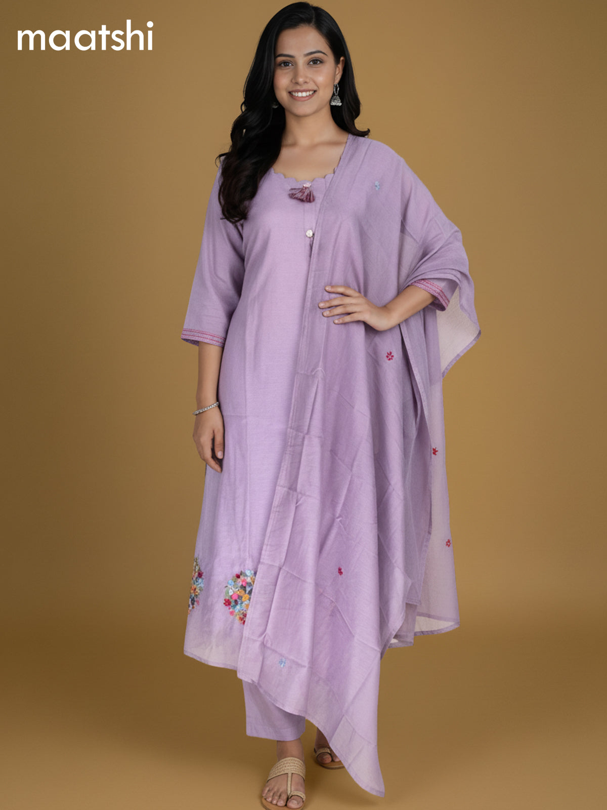 Pastel Lavender Chanderi Embroidery Work A-Line Suit