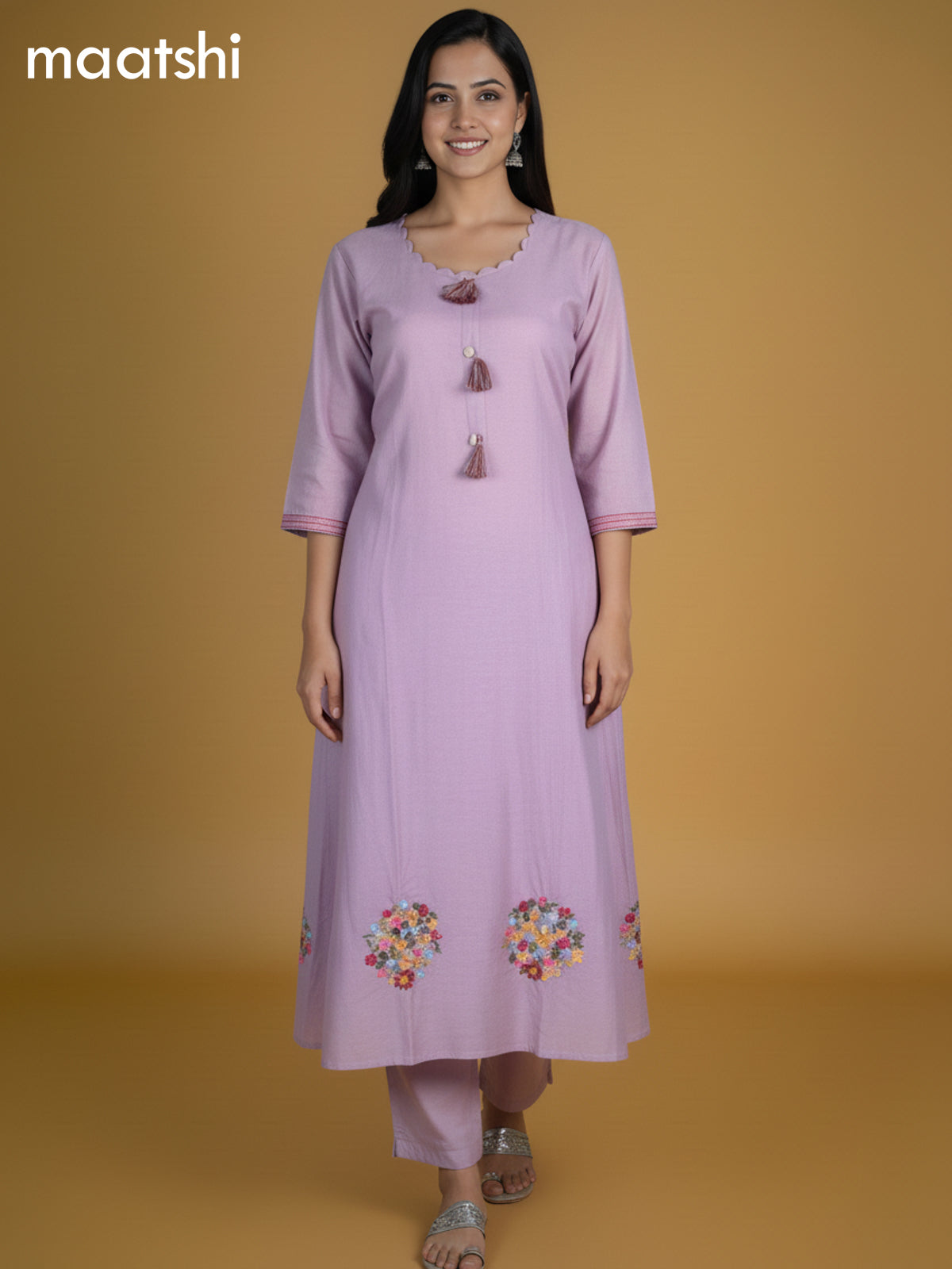 Pastel Lavender Chanderi Embroidery Work A-Line Suit