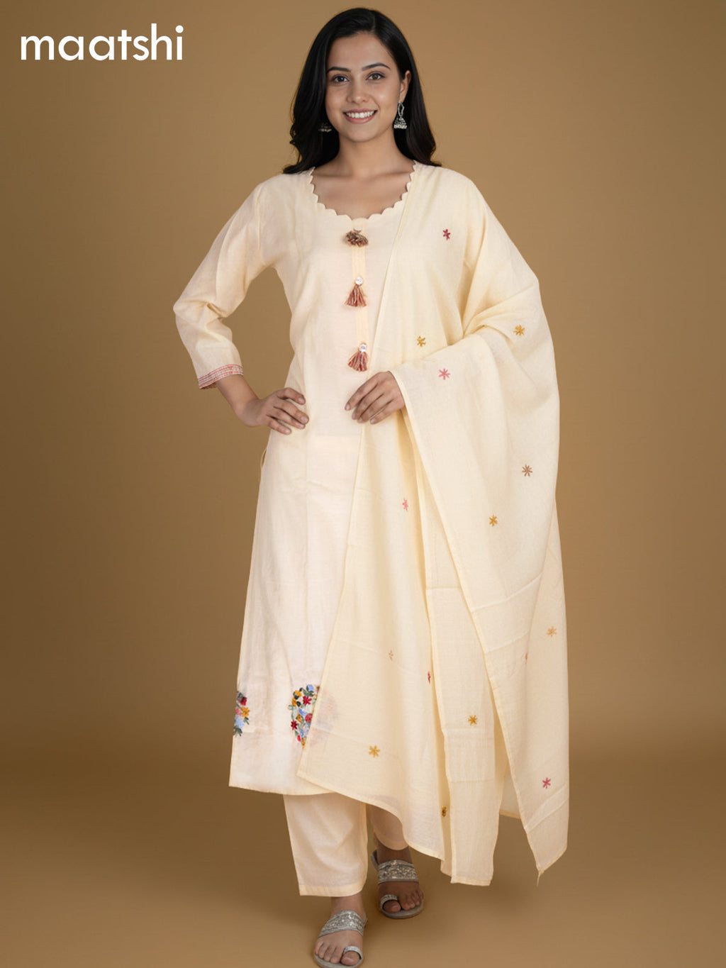 Cream Chanderi Embroidery Work A-Line Suit