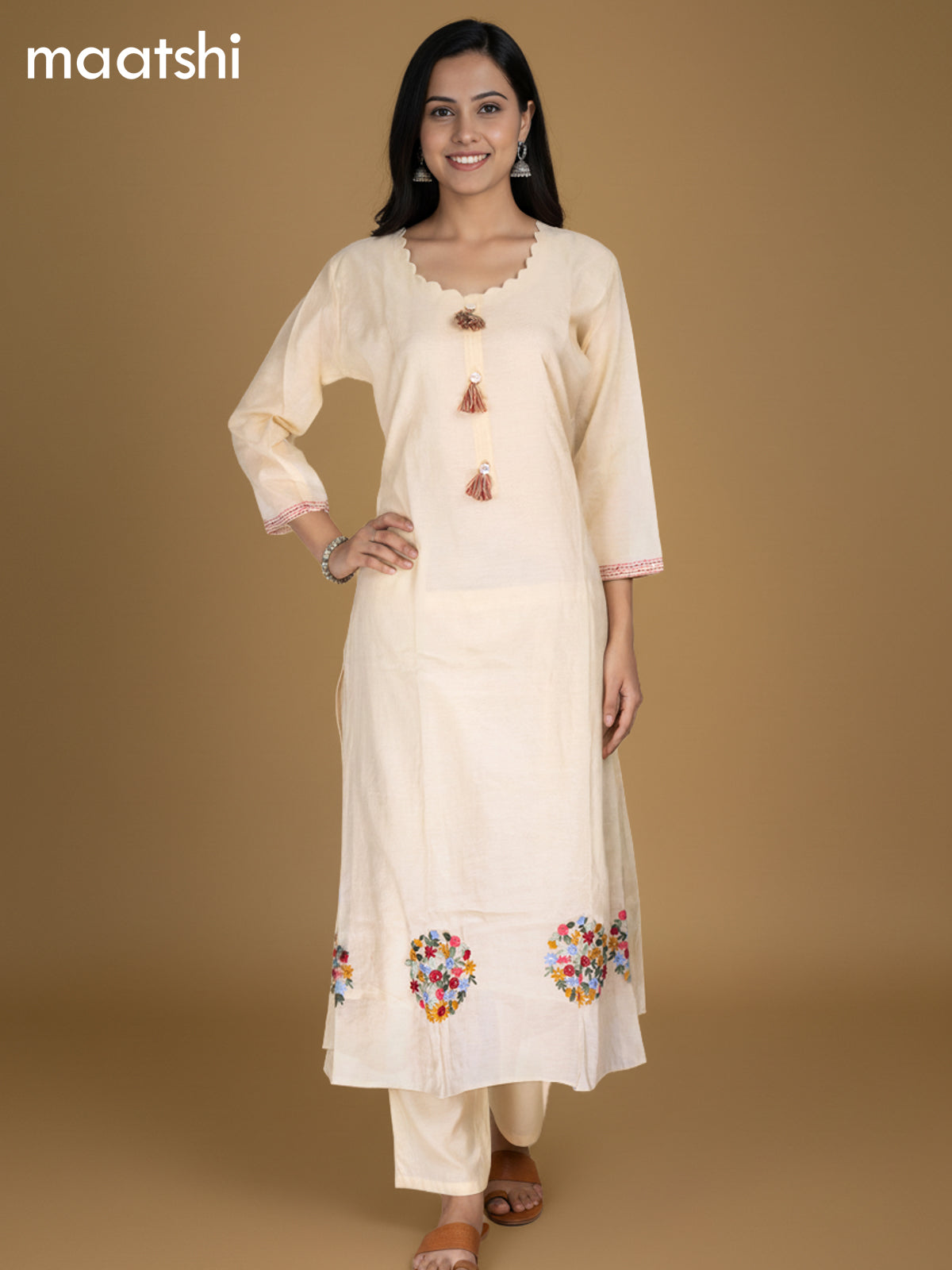 Cream Chanderi Embroidery Work A-Line Suit