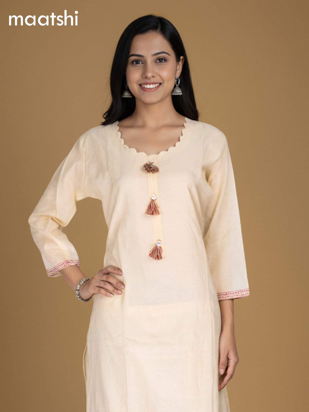Cream Chanderi Embroidery Work A-Line Suit