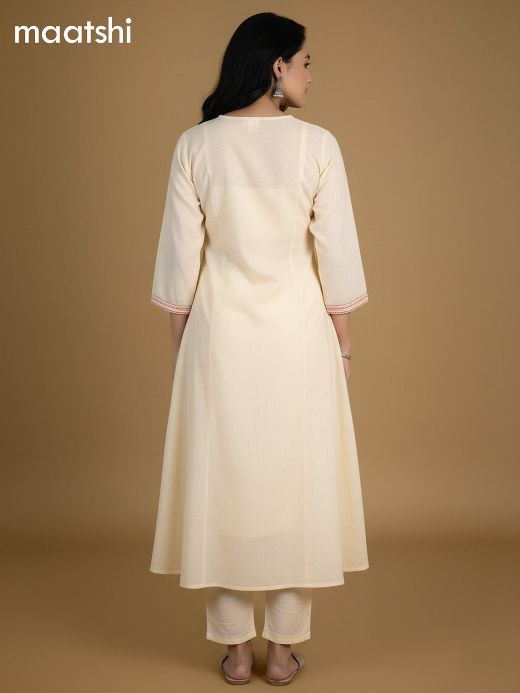 Cream Chanderi Embroidery Work A-Line Suit