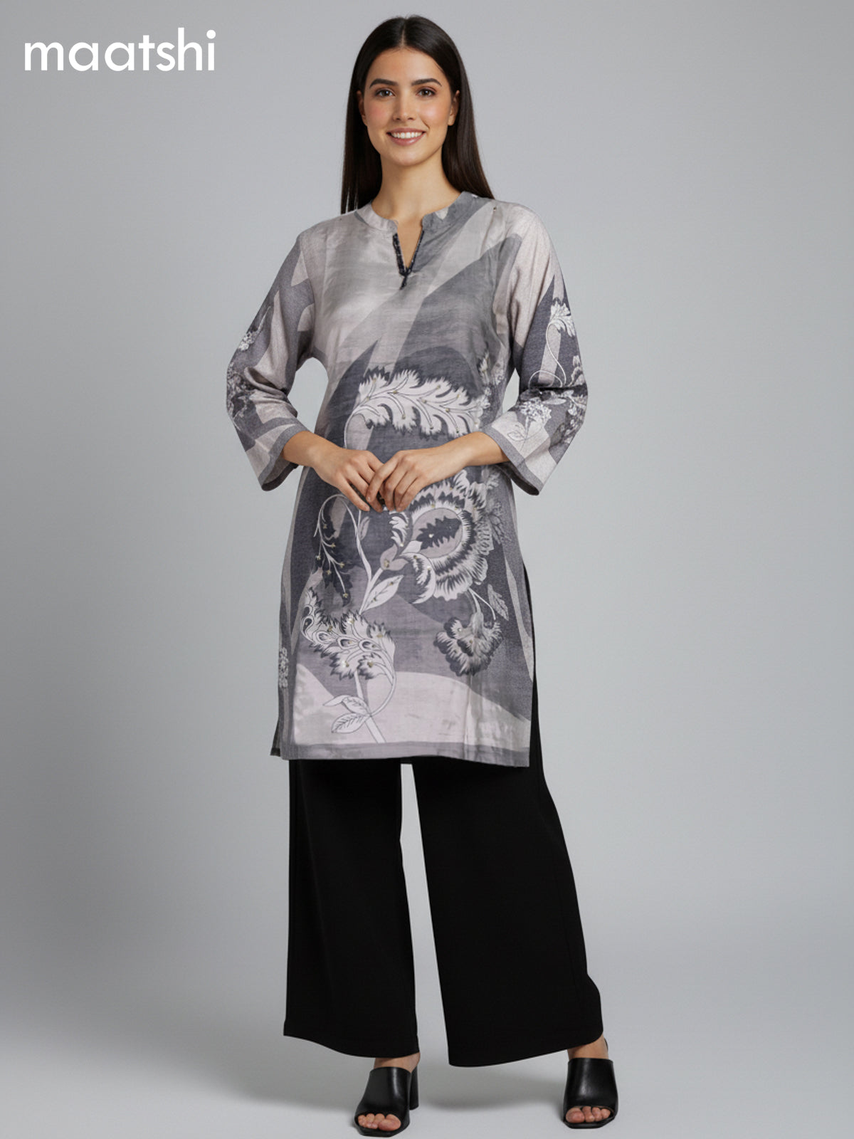 Grey Shade and Black Muslin Printed Kurti Set