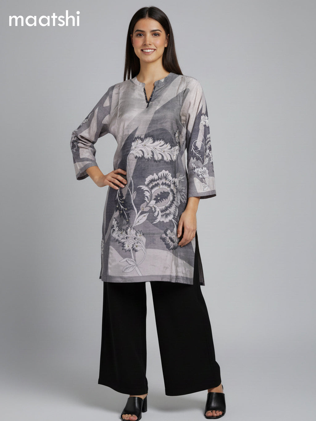 Grey Shade and Black Muslin Printed Kurti Set