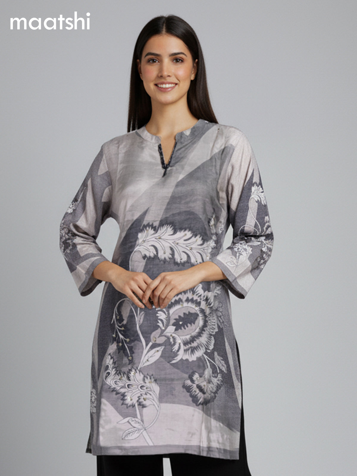 Grey Shade and Black Muslin Printed Kurti Set