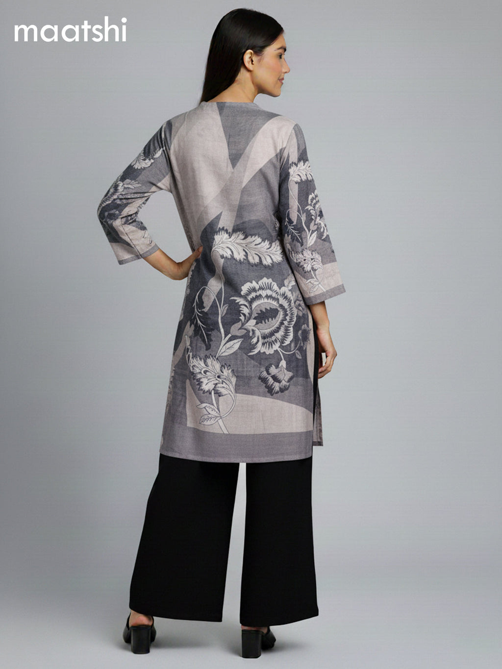 Grey Shade and Black Muslin Printed Kurti Set