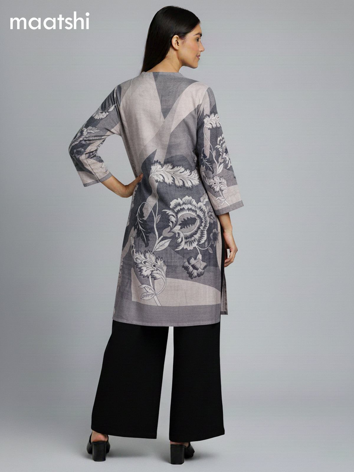 Grey Shade and Black Muslin Printed Kurti Set