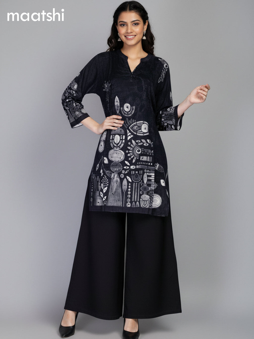 Black Muslin Printed Kurti Set