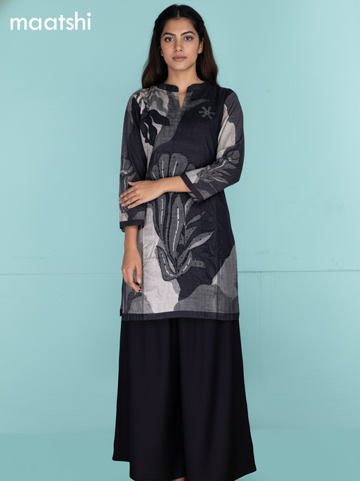 Grey Shade and Black Muslin Printed Kurti Set