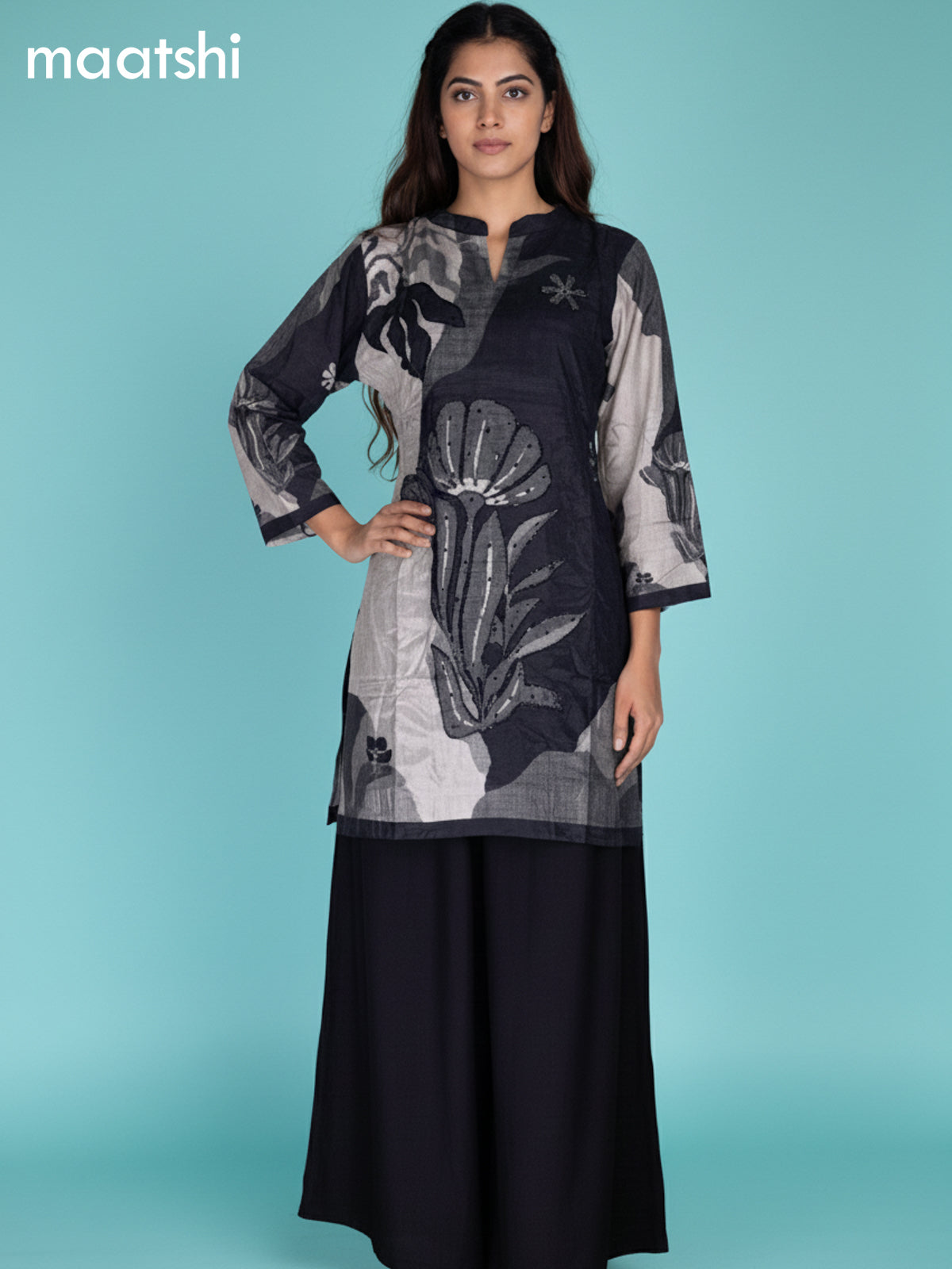 Grey Shade and Black Muslin Printed Kurti Set