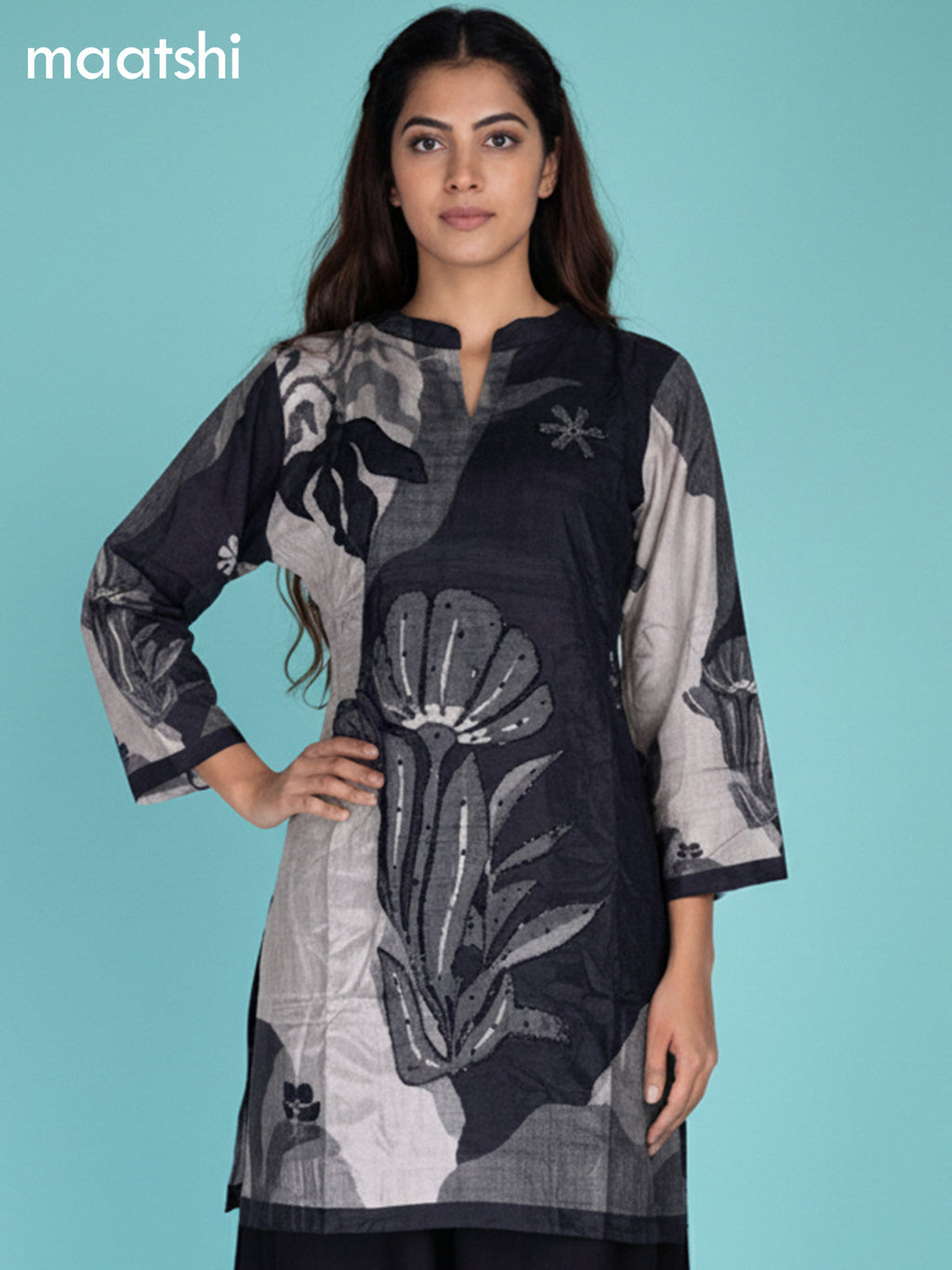 Grey Shade and Black Muslin Printed Kurti Set
