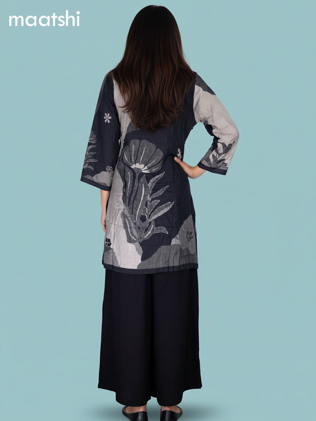 Grey Shade and Black Muslin Printed Kurti Set