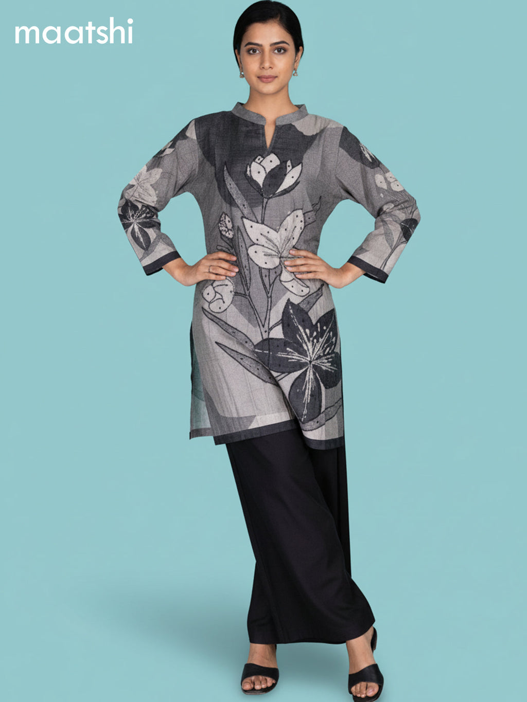 Grey and Black Muslin Printed Kurti Set