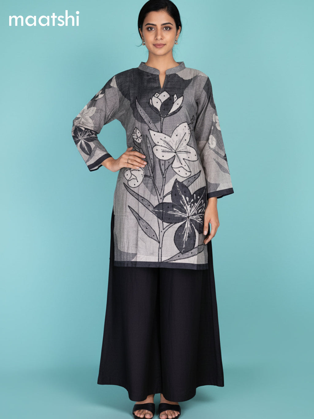 Grey and Black Muslin Printed Kurti Set
