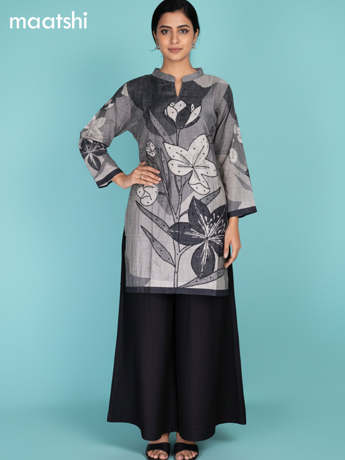 Grey and Black Muslin Printed Kurti Set