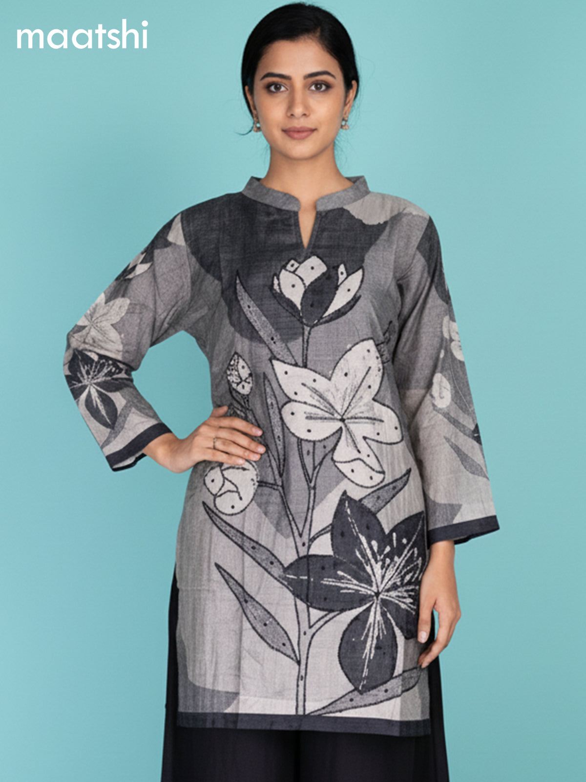 Grey and Black Muslin Printed Kurti Set