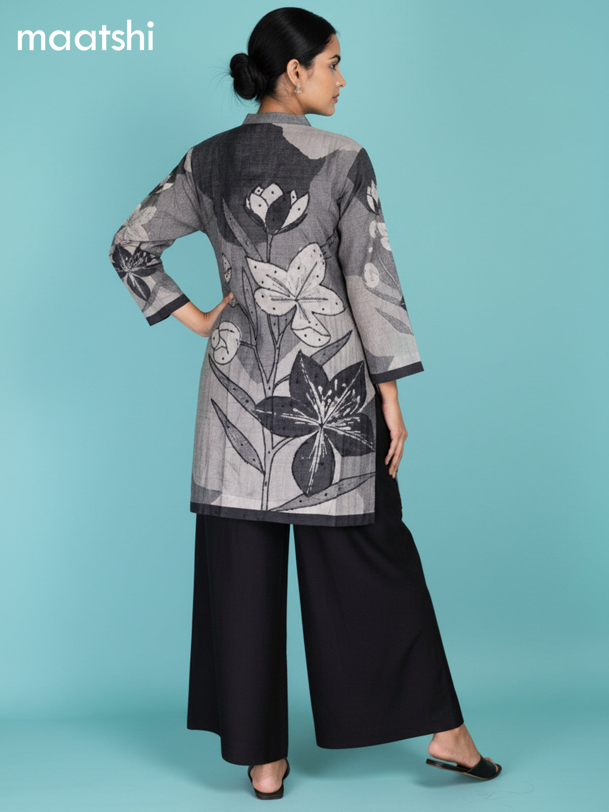Grey and Black Muslin Printed Kurti Set