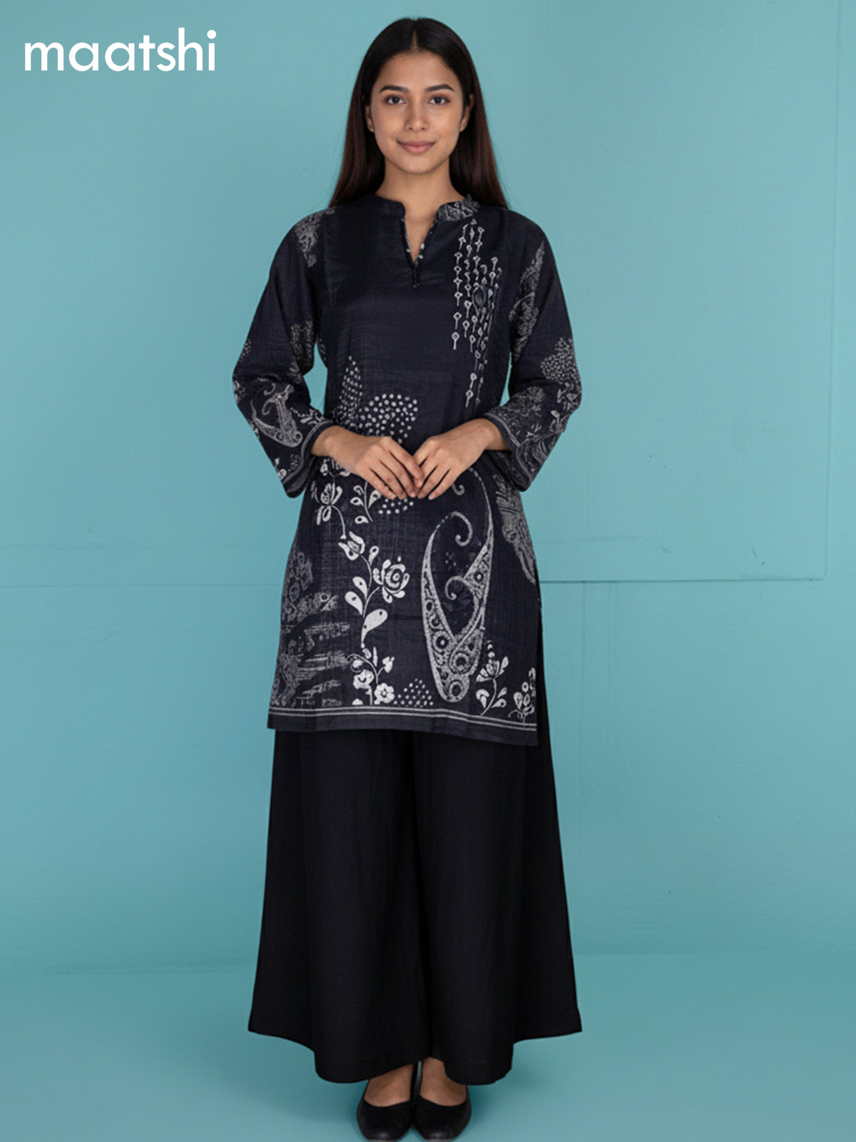 Black Muslin Printed Kurti Set