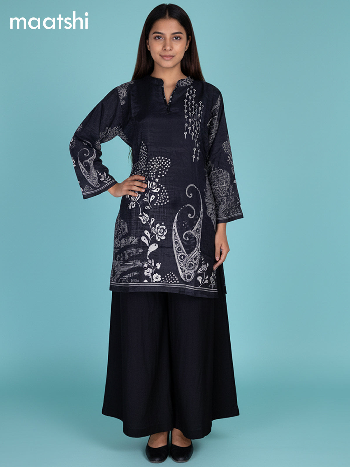 Black Muslin Printed Kurti Set