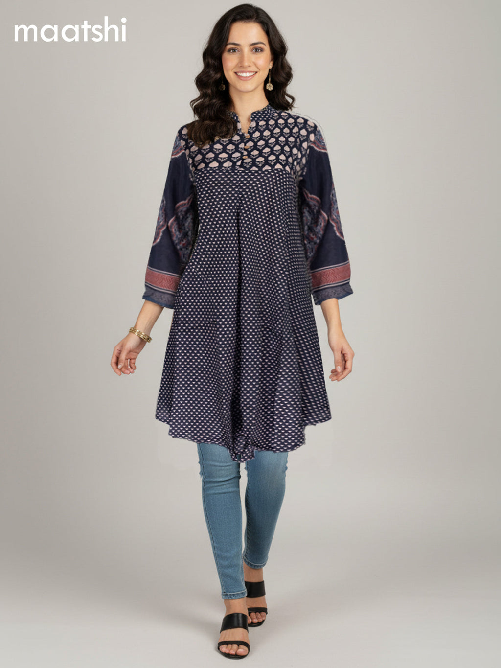 Black Muslin Ajrakh Printed Short Kurti