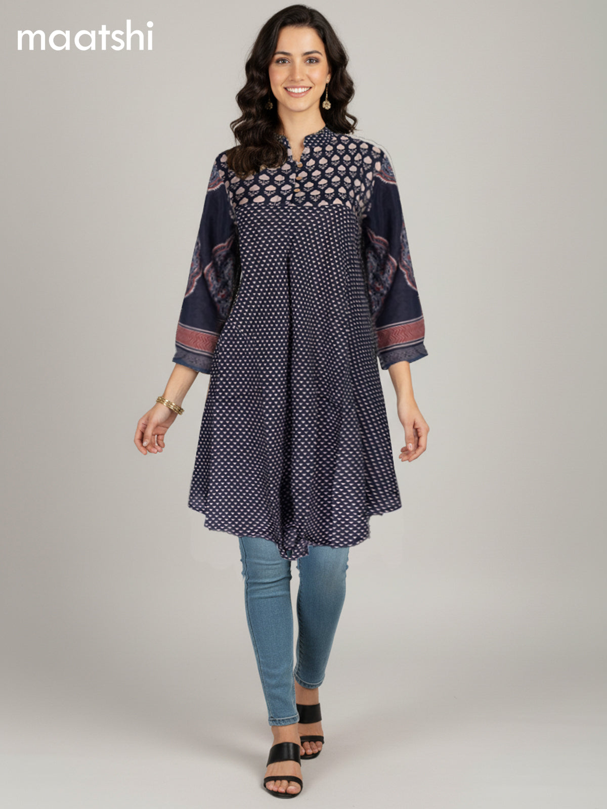 Black Muslin Ajrakh Printed Short Kurti