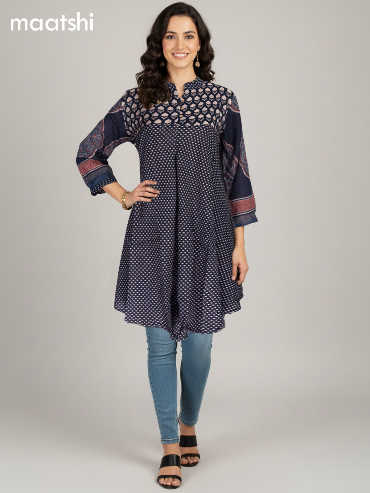 Black Muslin Ajrakh Printed Short Kurti