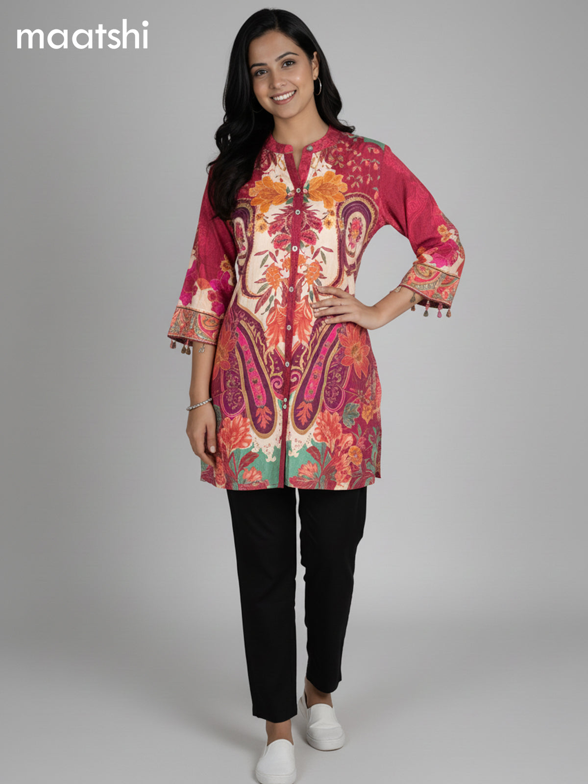 Pink and Cream Crepe Silk Floral Printed Women Shirt