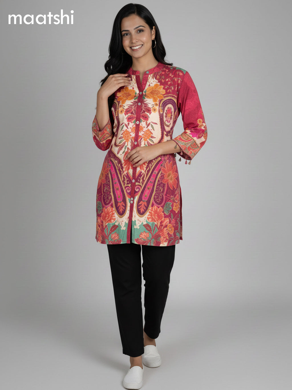 Pink and Cream Crepe Silk Floral Printed Women Shirt