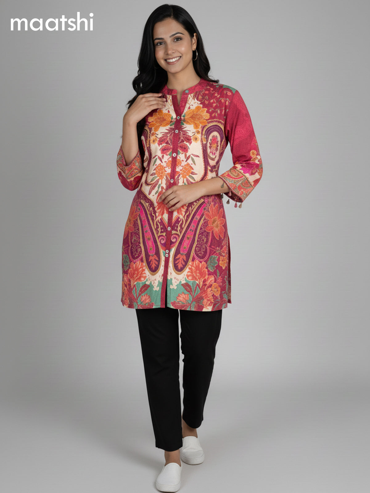 Pink and Cream Crepe Silk Floral Printed Women Shirt