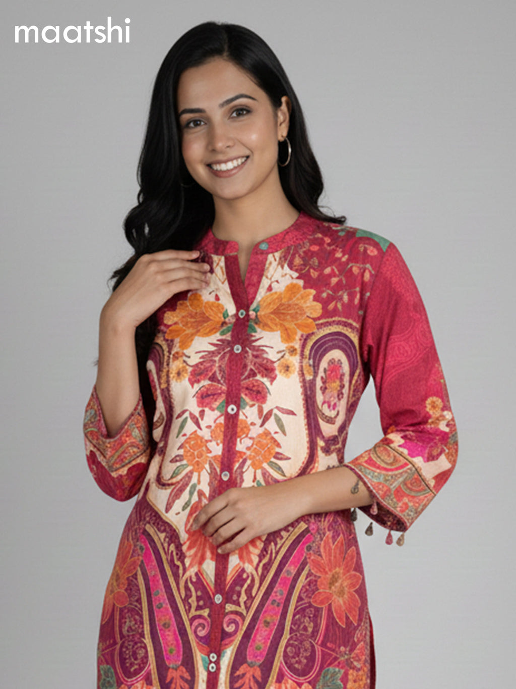 Pink and Cream Crepe Silk Floral Printed Women Shirt