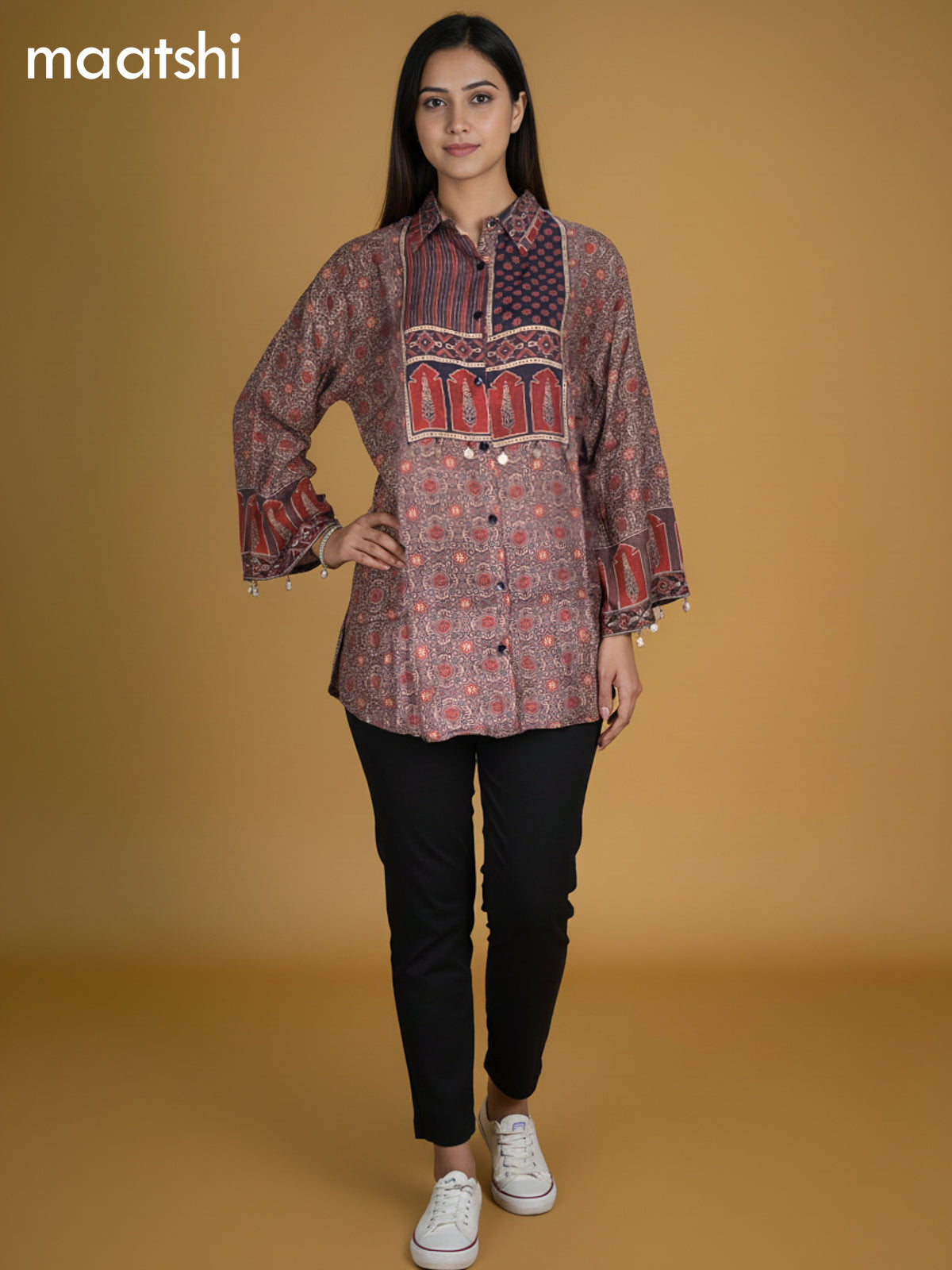 Brown and Maroon Muslin Ajrakh Printed Women Shirt