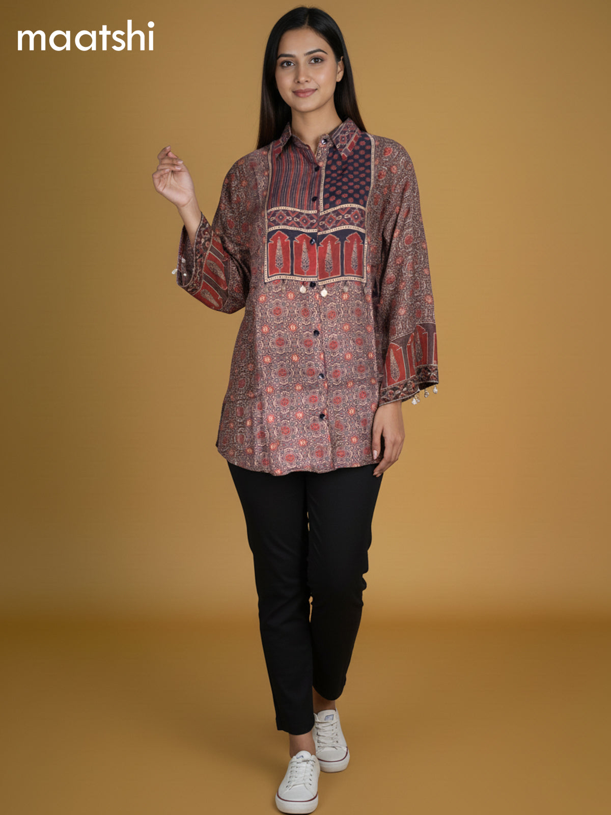 Brown and Maroon Muslin Ajrakh Printed Women Shirt