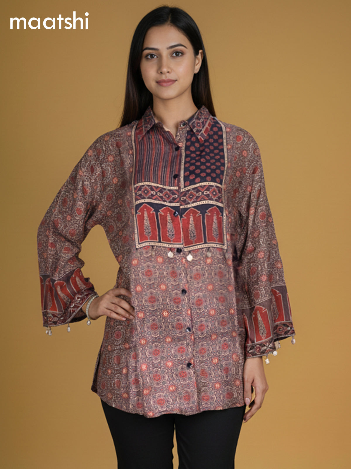 Brown and Maroon Muslin Ajrakh Printed Women Shirt