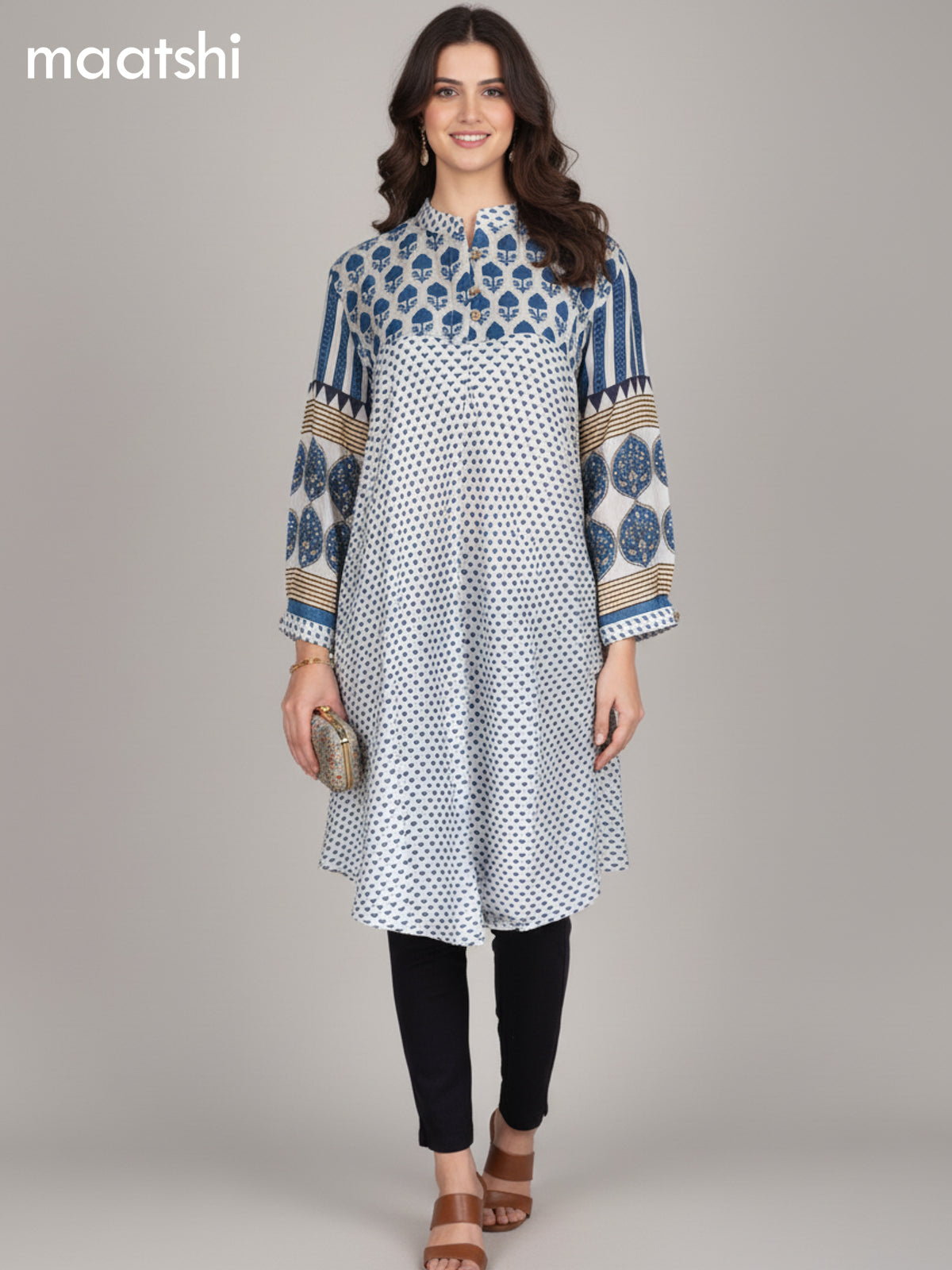Grey and Blue Muslin Ajrakh Printed Short Kurti