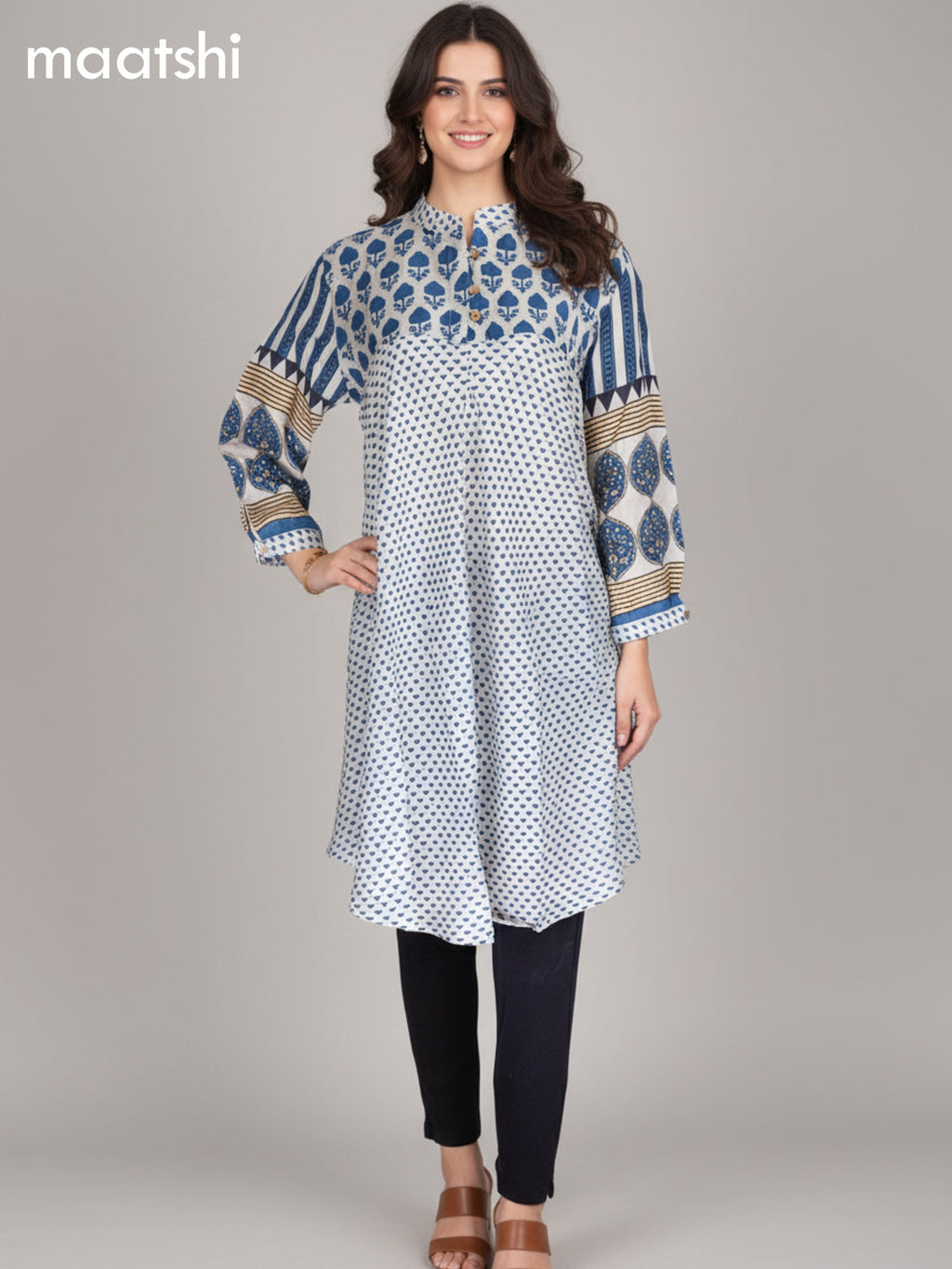 Grey and Blue Muslin Ajrakh Printed Short Kurti