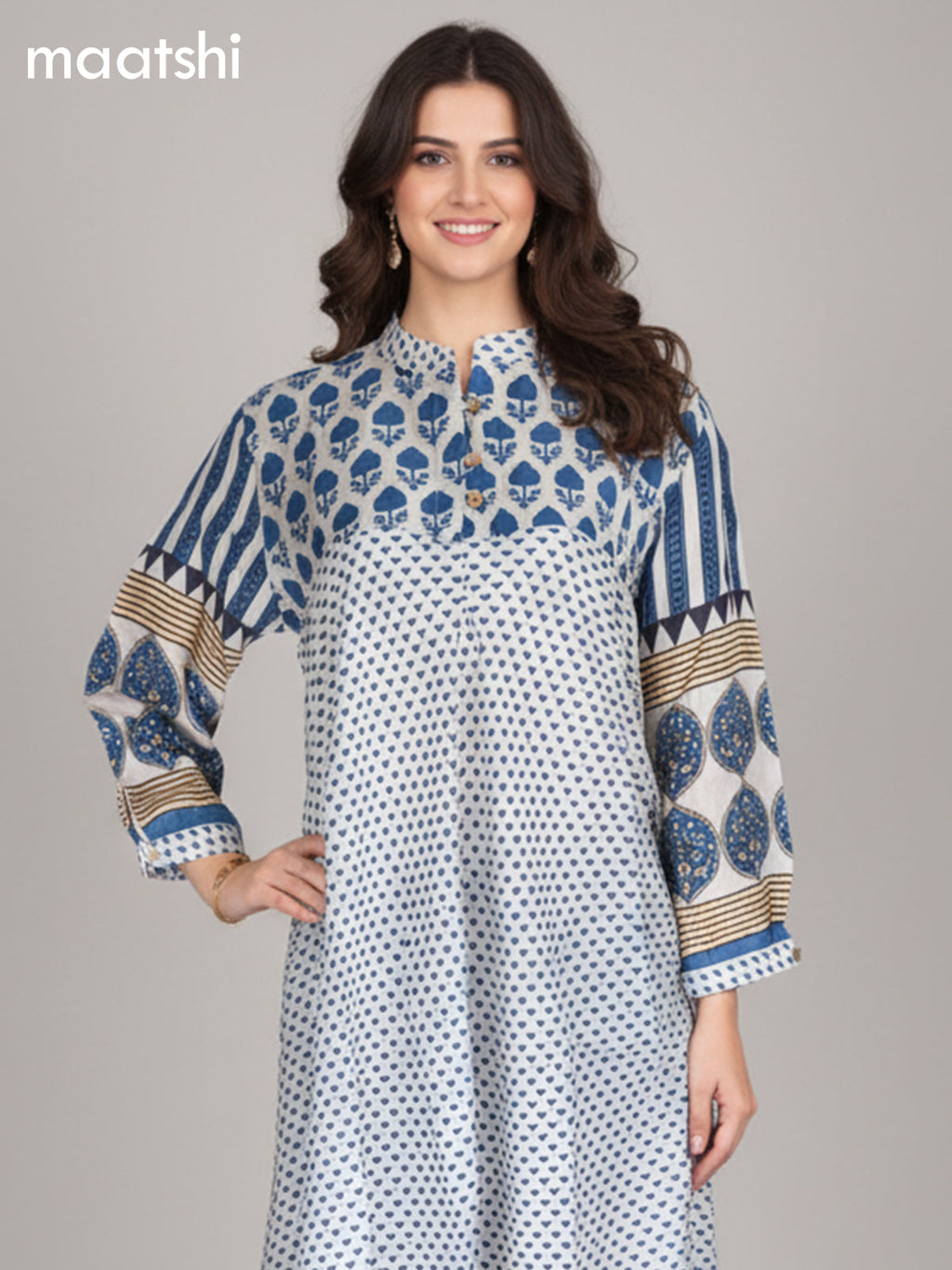 Grey and Blue Muslin Ajrakh Printed Short Kurti