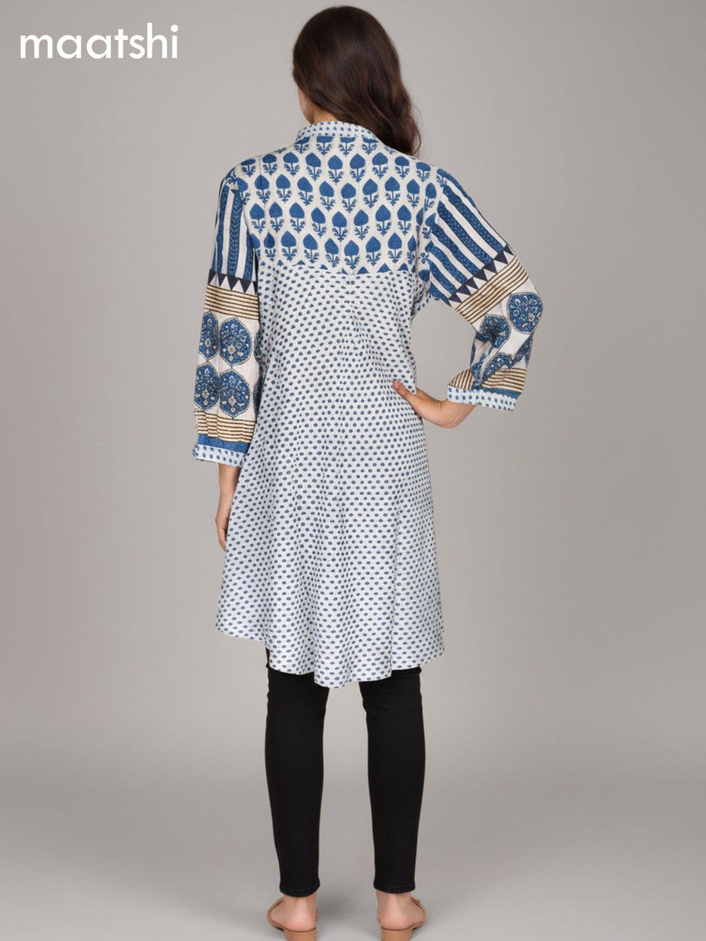 Grey and Blue Muslin Ajrakh Printed Short Kurti
